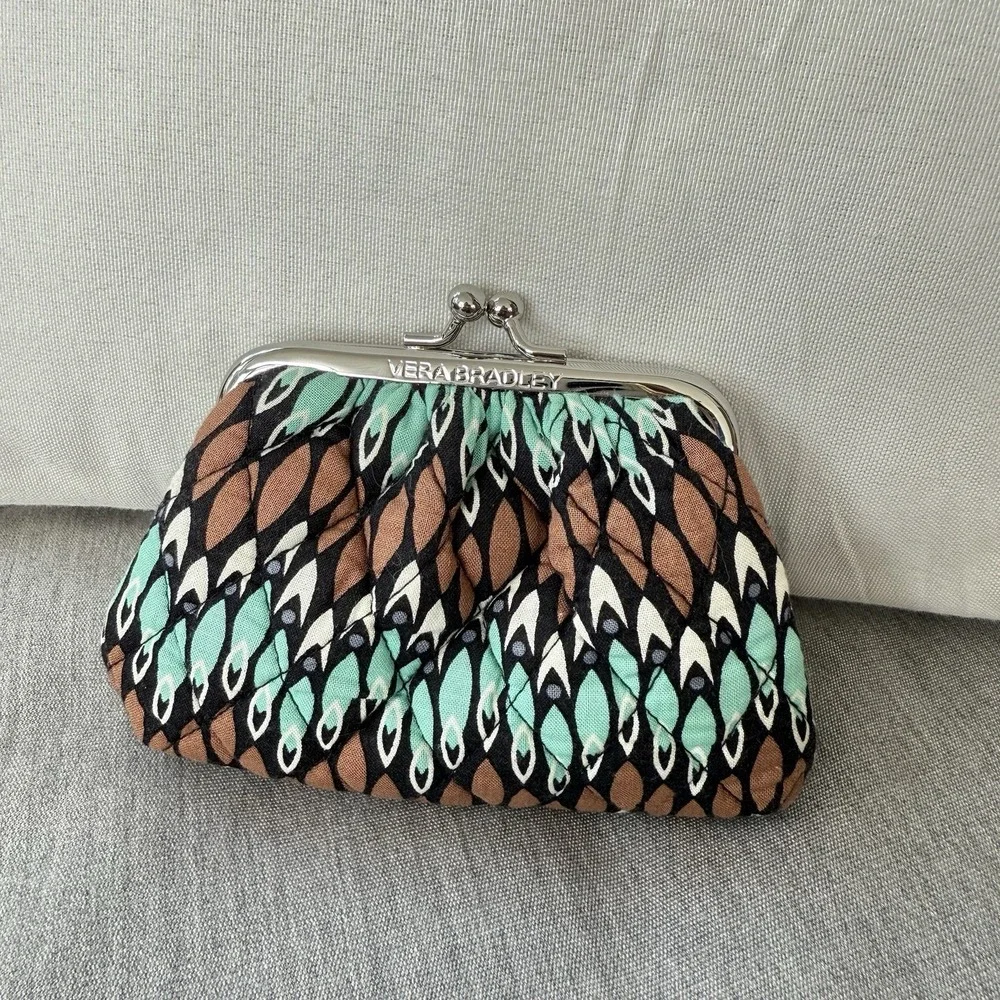 Vera Bradley Retired Sierra Stream Double Kisslock Coin Change Purse Blue Brown - Picture 2 of 7